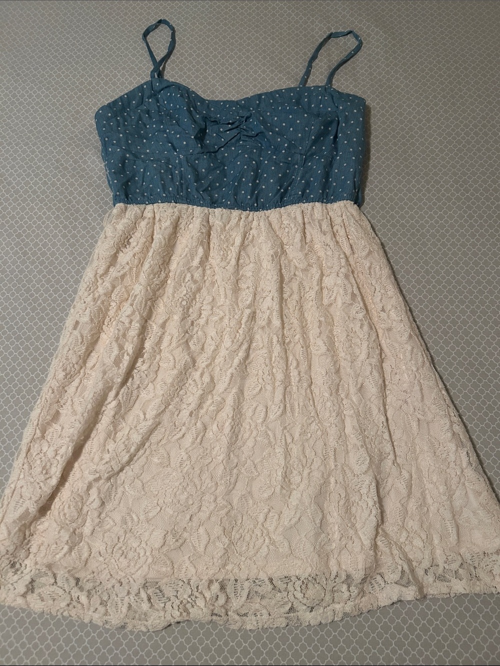 Blue Polka-Dot with Cream Lace Dress